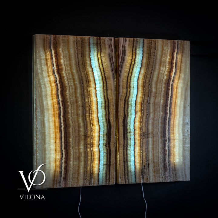 Set of two onyx-style wall panels, warm tan and brown with turquoise vertical veining