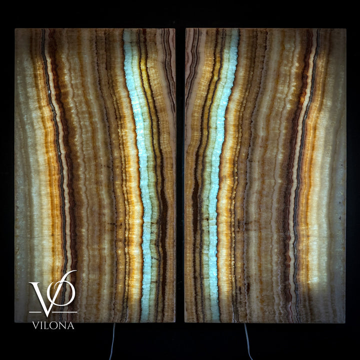 Set of two onyx-style wall panels with brown, beige, and turquoise vertical striations