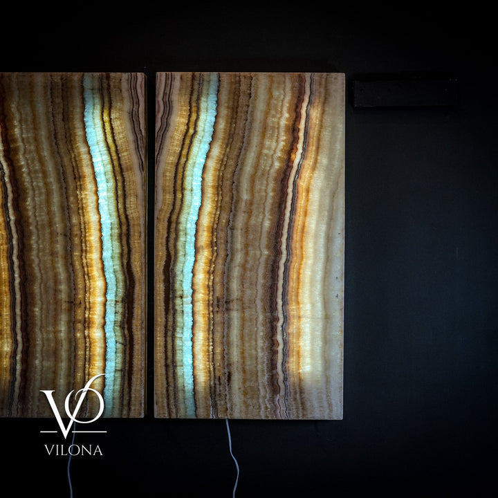 Set of two onyx-style wall panels, tan and brown stripes with bright aqua center lines