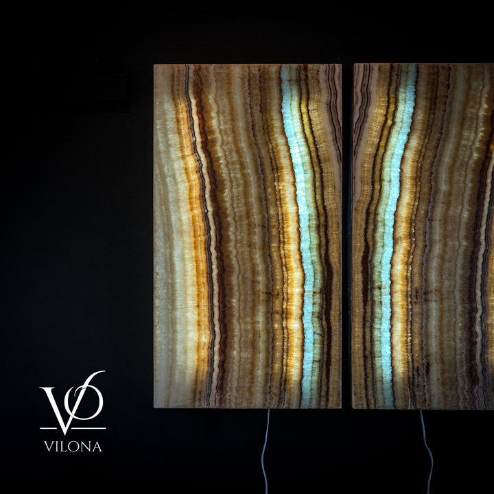 Set of two onyx-style wall panels with golden-brown and light aqua vertical veins