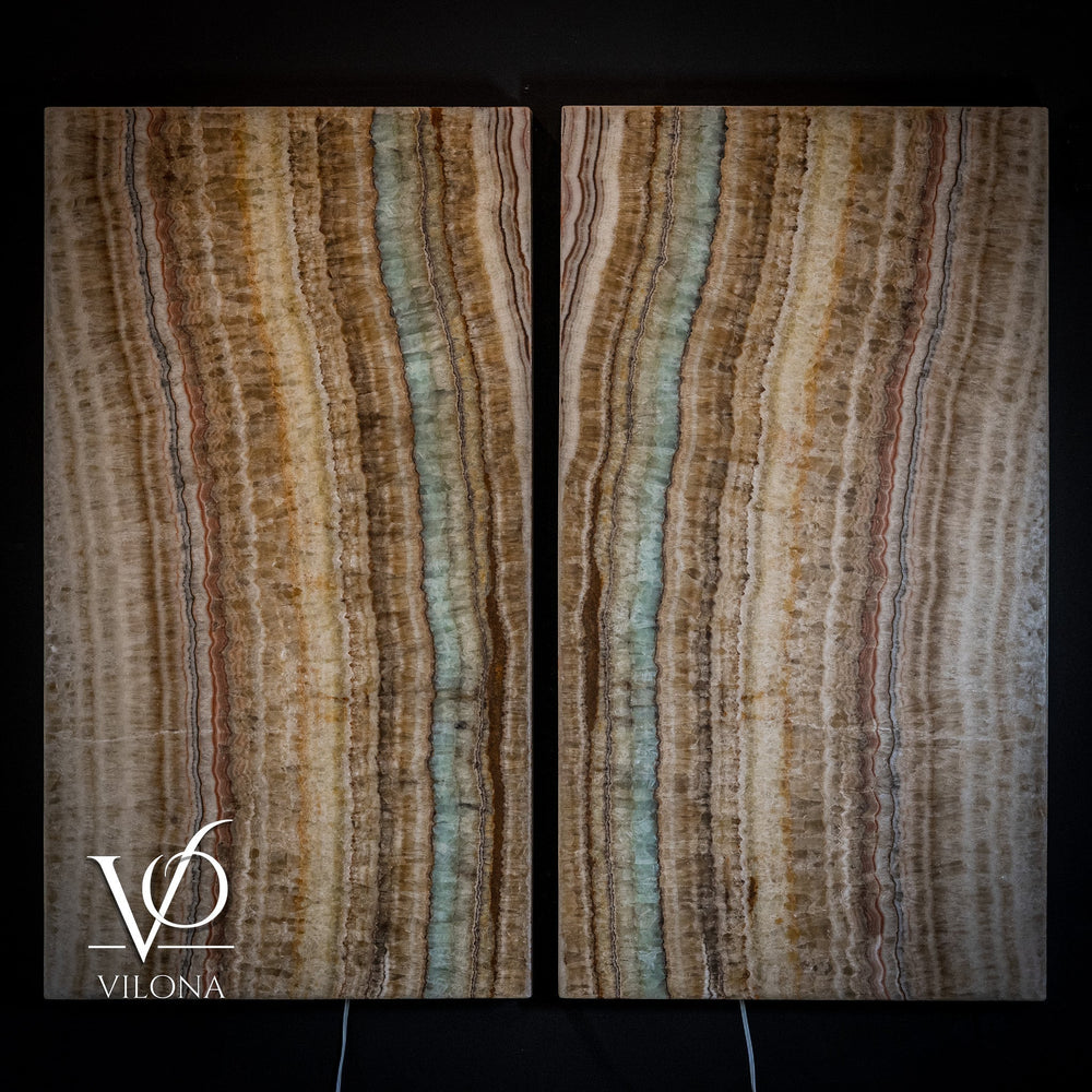 Set of two onyx-style wall panels, beige and brown with pale turquoise vertical stripes