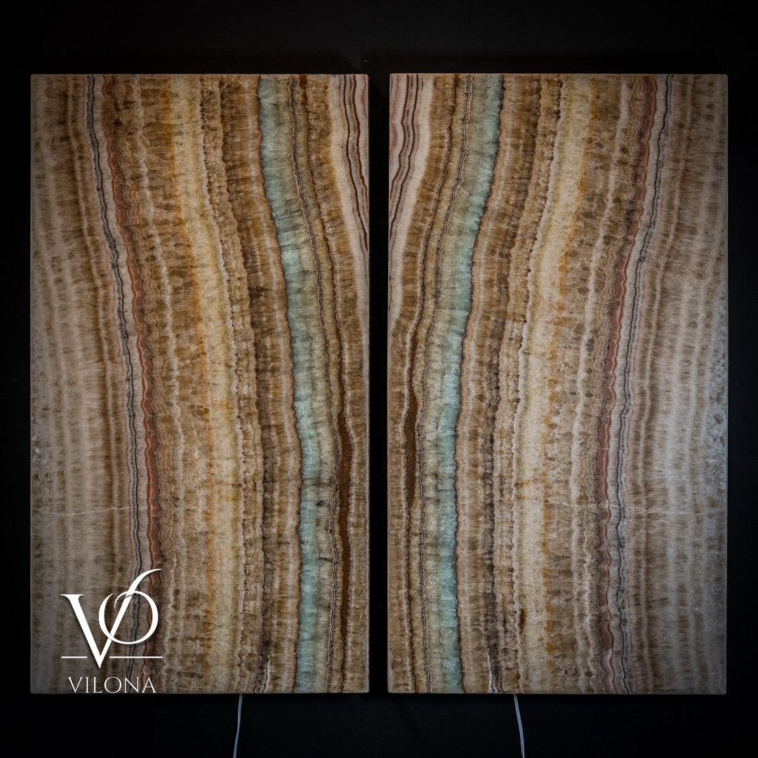 Set of two onyx-style wall panels, beige and brown with pale turquoise vertical stripes