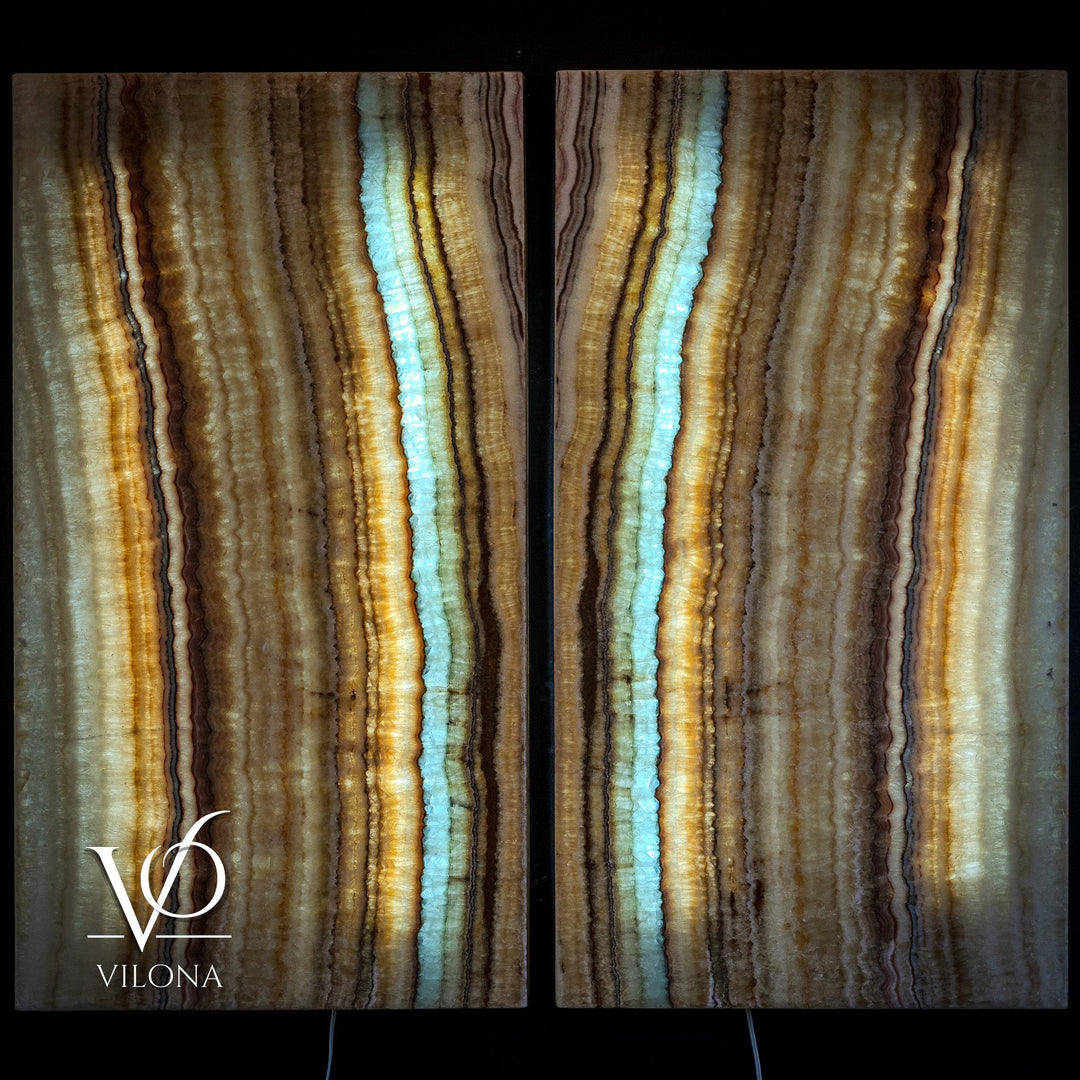 Set of two onyx-style wall panels, glossy brown and light aqua vertical veining