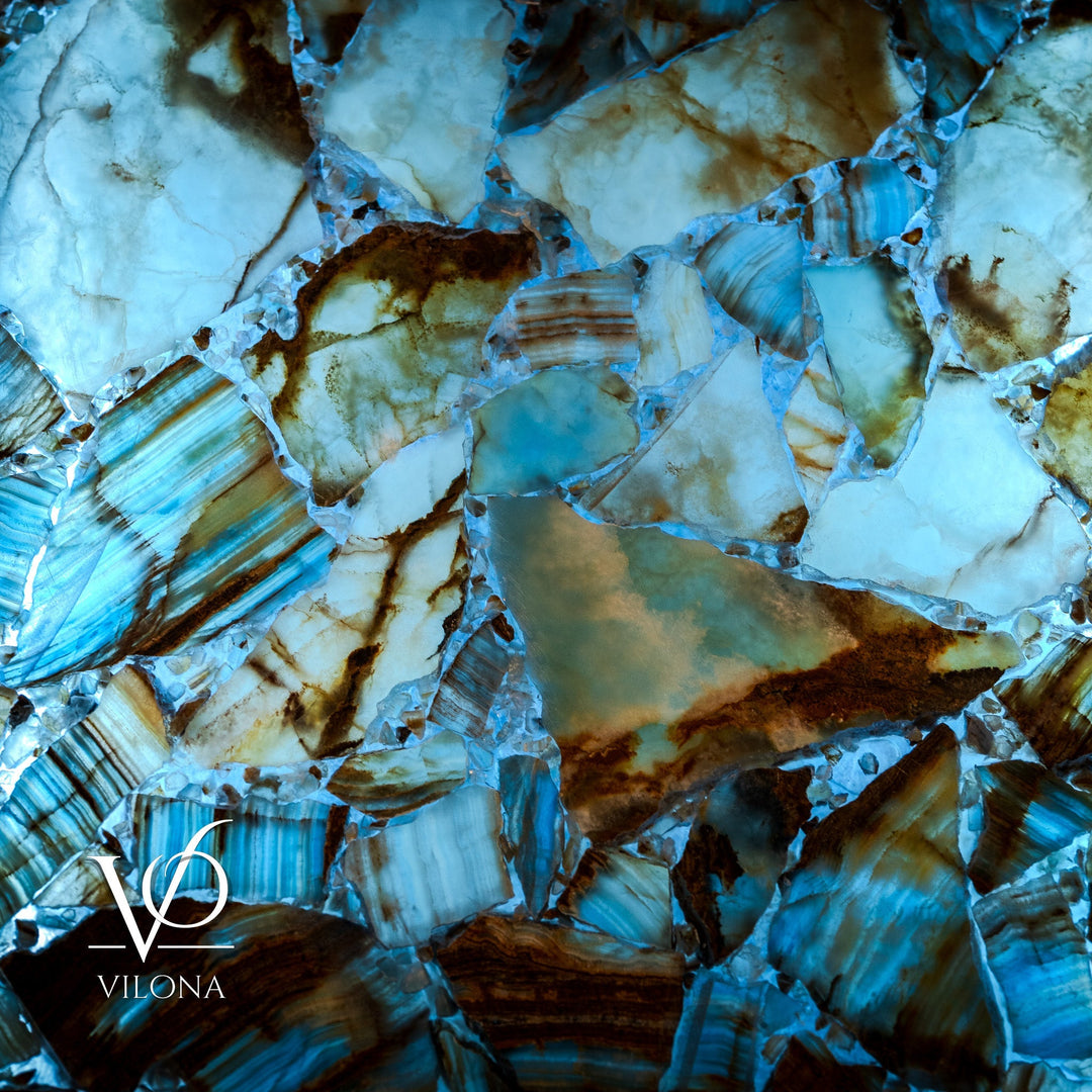 Close-up of backlit blue onyx mosaic stone pattern with natural veining