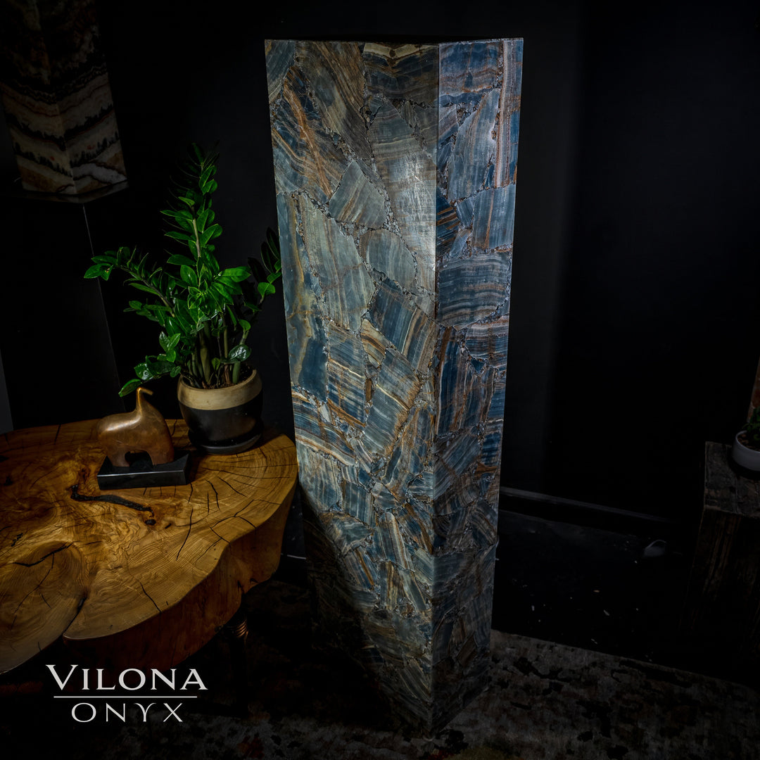Side view of rectangular blue onyx floor lamp with blue, teal, and gold stone textures.