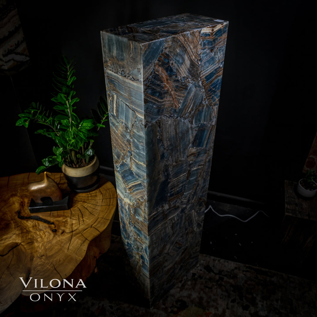 Rectangular blue onyx floor lamp angled from the side, showing blue and teal veining.