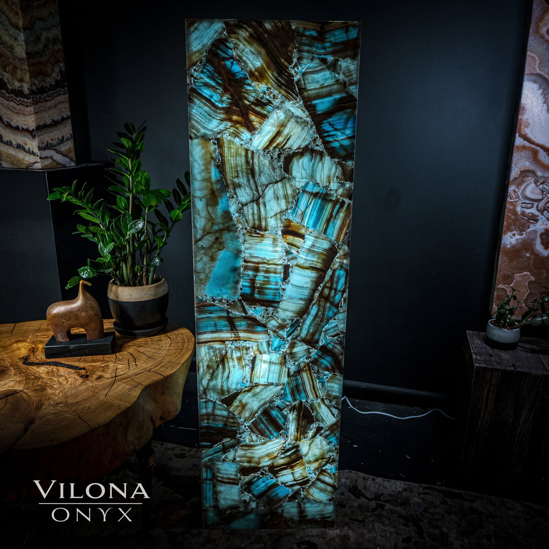 Front view of tall rectangular blue onyx floor lamp with teal, turquoise, and gold lines.