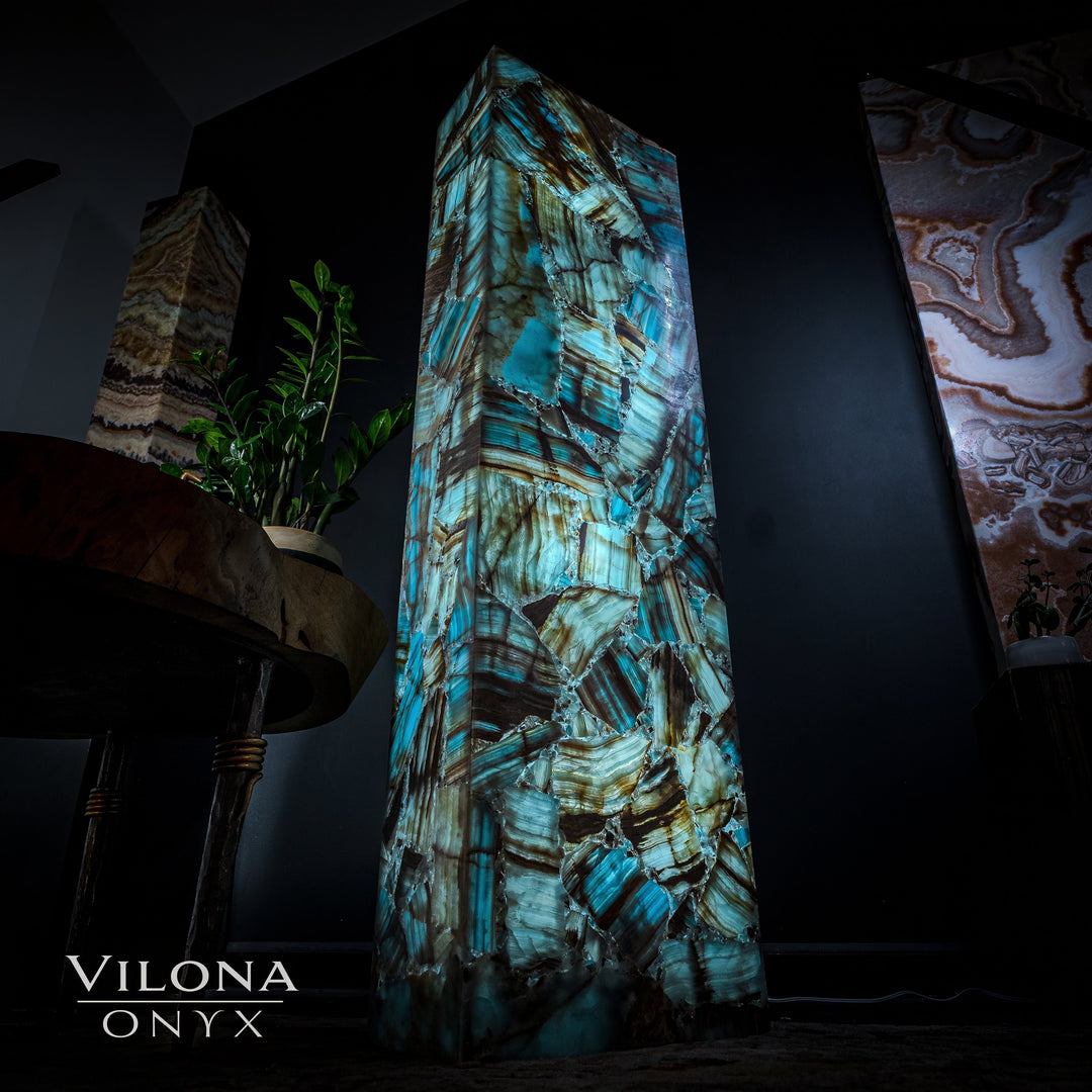 Tall rectangular blue onyx floor lamp with layered teal and gold stone-look detailing.