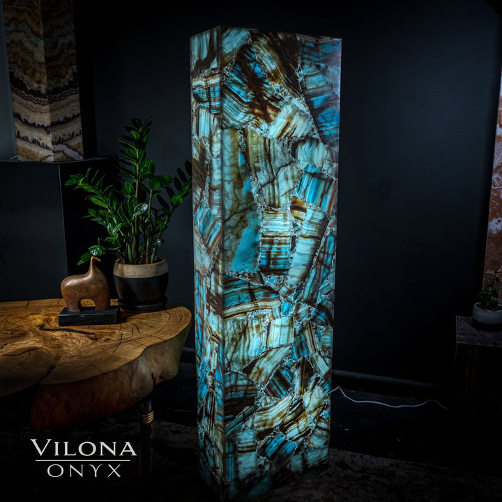Rectangular blue onyx floor lamp with teal and gold veined pattern, tall standing design.