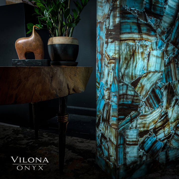 Blue onyx rectangular floor lamp showing side and front with teal, turquoise, and gold stripes.