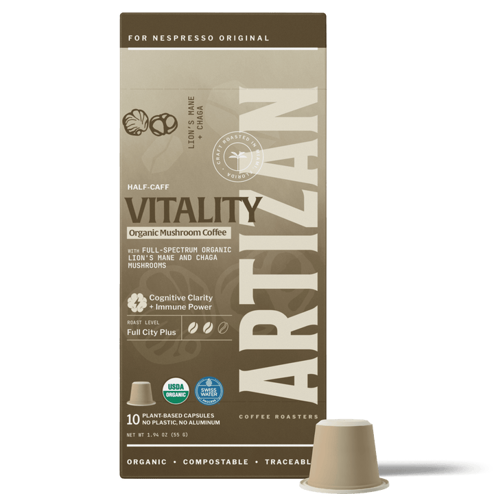 Half-caff Vitality organic mushroom coffee capsule box with compatible pod