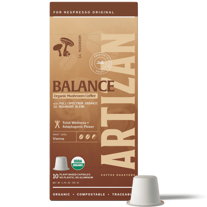 Balance organic mushroom coffee pack with white pod, for Nespresso Original