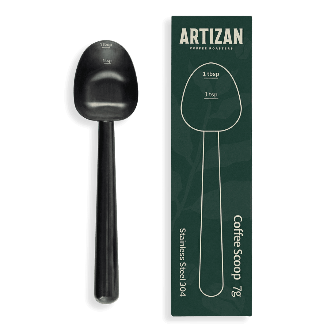 Black coffee measuring scoop with retail box, stainless scoop 1 tbsp/1 tsp markings