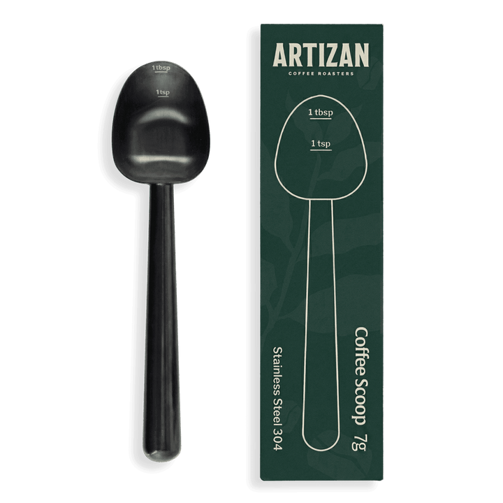 Black coffee measuring scoop with retail box, stainless scoop 1 tbsp/1 tsp markings