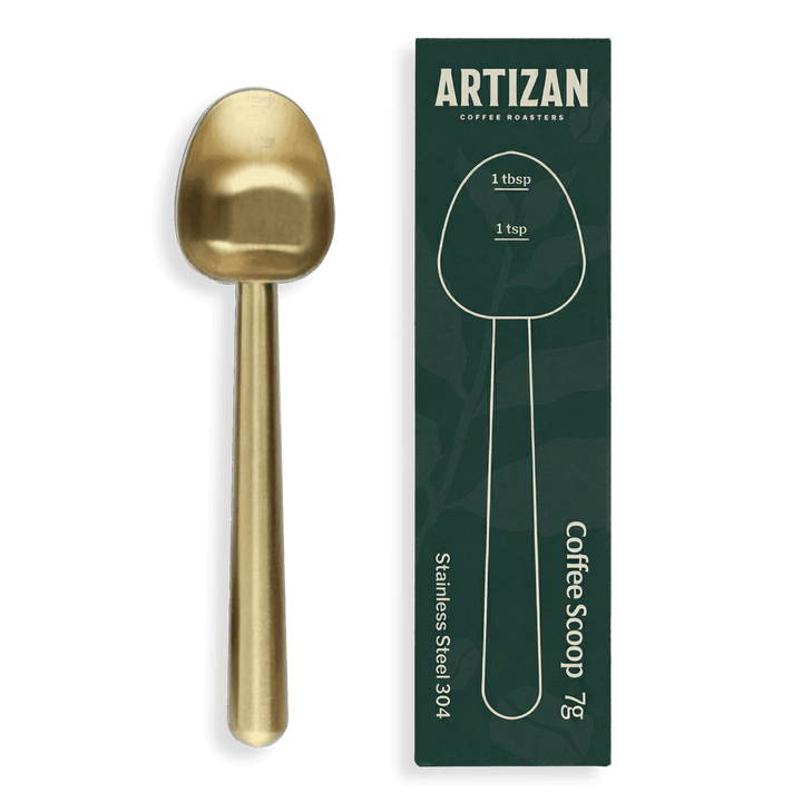 Gold coffee measuring scoop with black handle and retail box, 1 tbsp/1 tsp markings