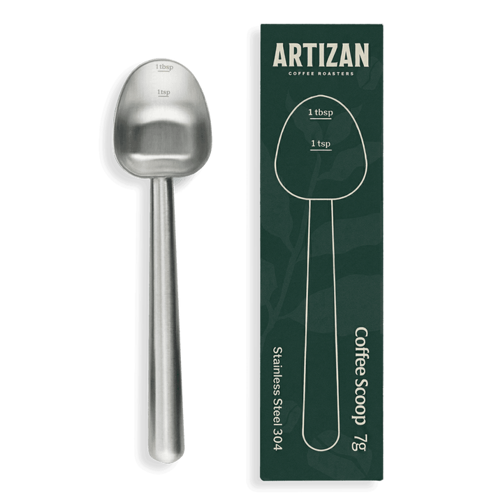 Silver coffee measuring scoop with black handle and retail box, 1 tbsp/1 tsp markings