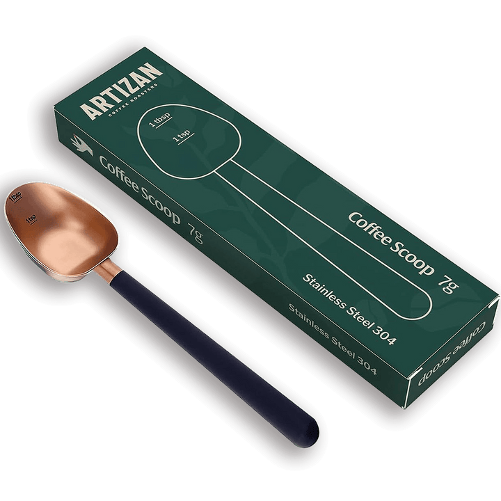 Gold coffee measuring scoop with black handle and retail box, 1 tbsp/1 tsp markings