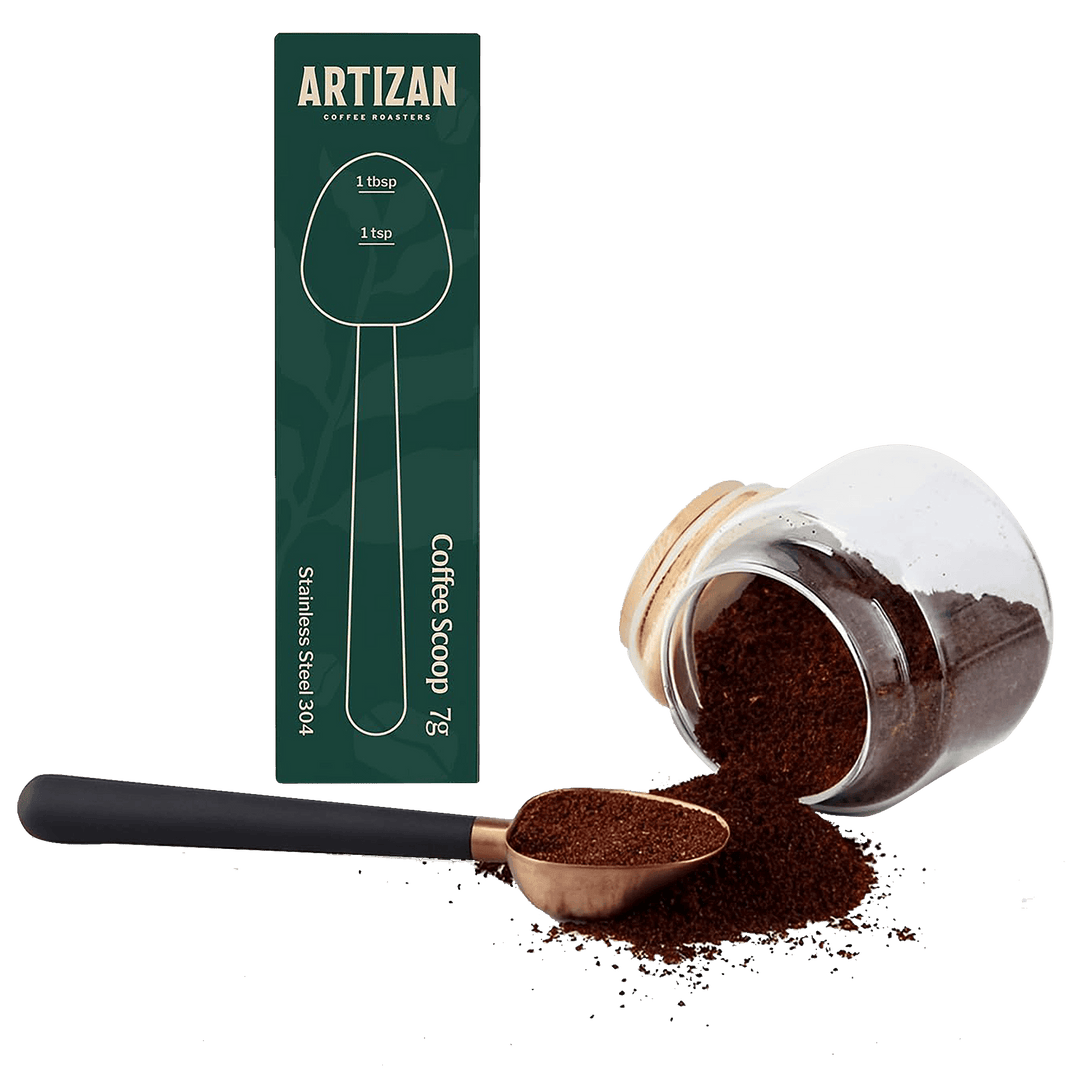 Rose gold coffee measuring scoop with coffee grounds and retail box, 1 tbsp/1 tsp markings