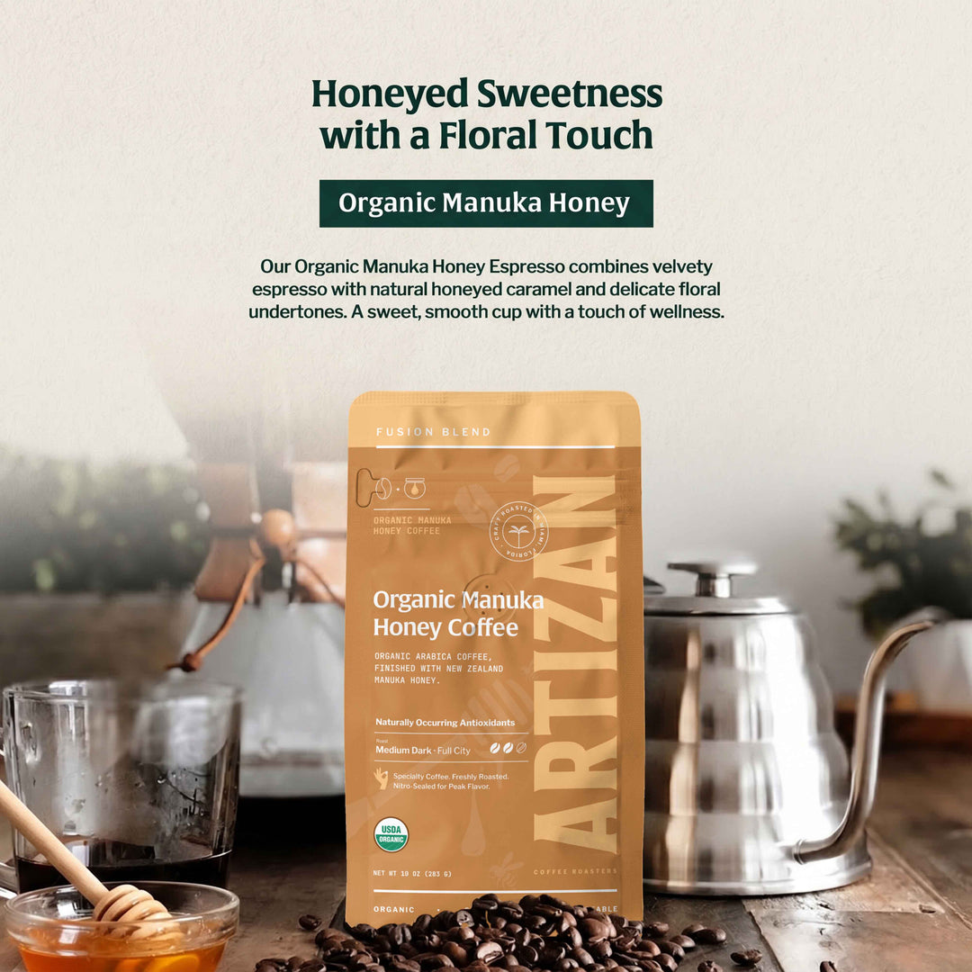 Organic Manuka honey coffee bag with floral sweetness text on brown kraft packaging