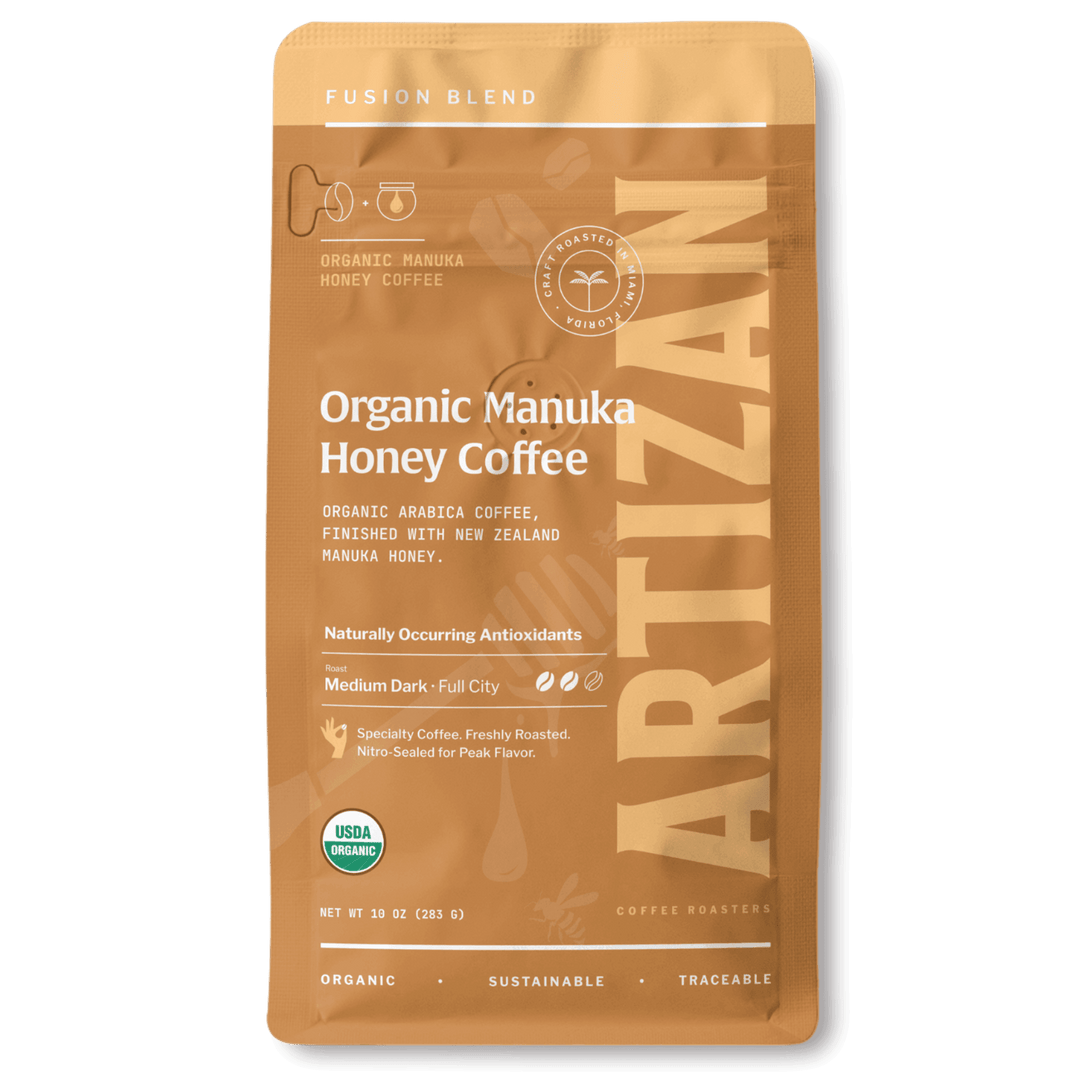 Organic manuka honey coffee bag, stand-up pouch in brown with white label text