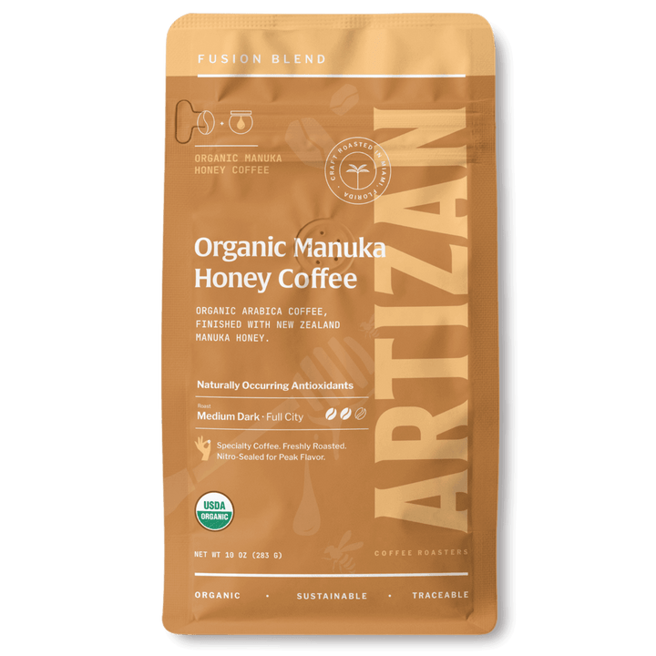 Organic manuka honey coffee bag, stand-up pouch in brown with white label text