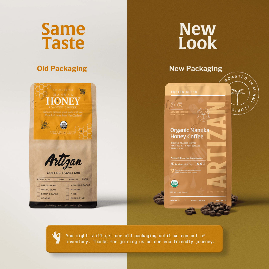 Organic manuka honey coffee whole-bean pouch, brown package with bold lettering