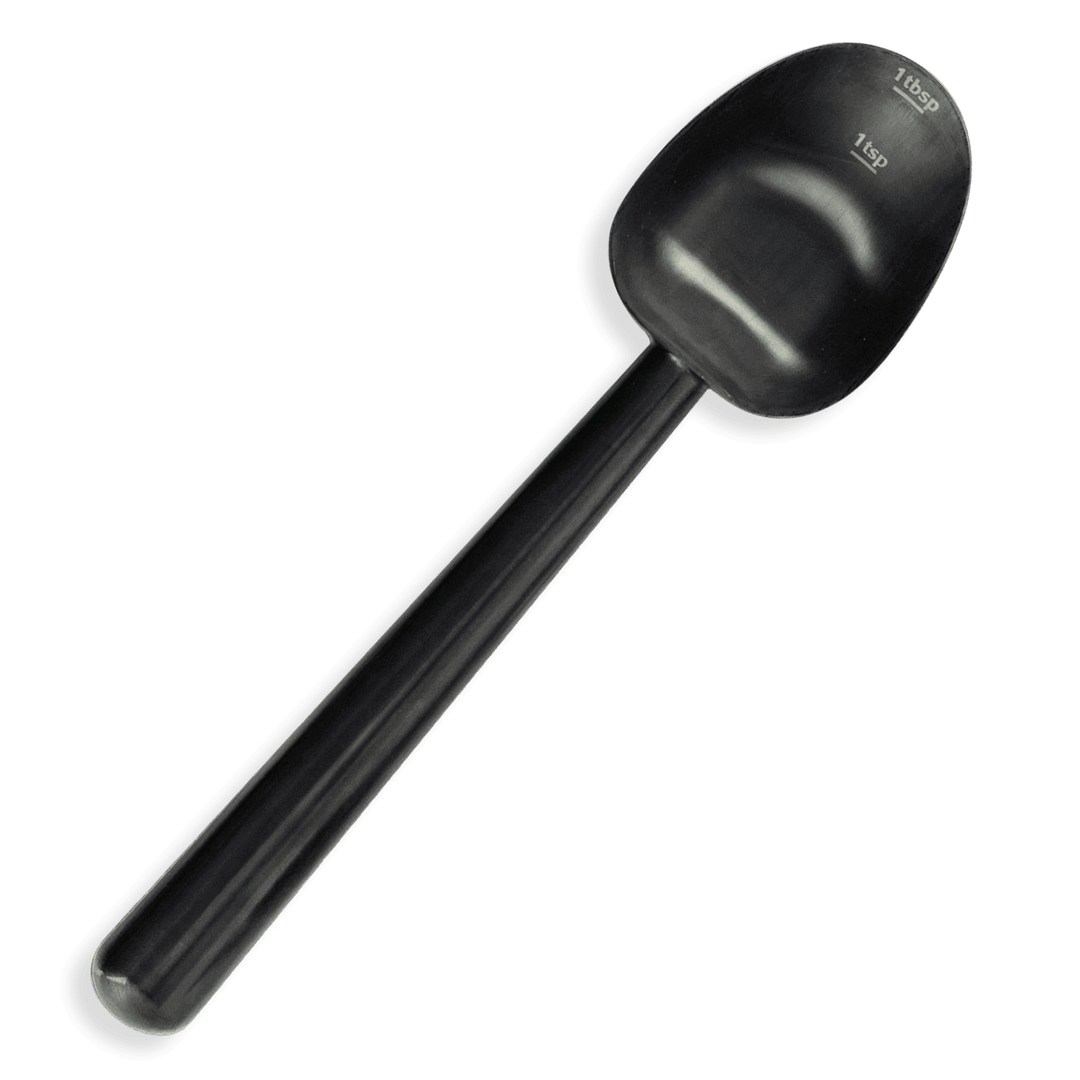 Black coffee measuring scoop with embossed volume markings