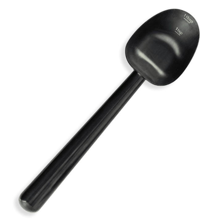 Black coffee measuring scoop with embossed volume markings