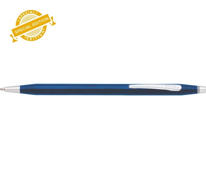 Blue glossy ballpoint pen with silver accents and side logo, horizontal