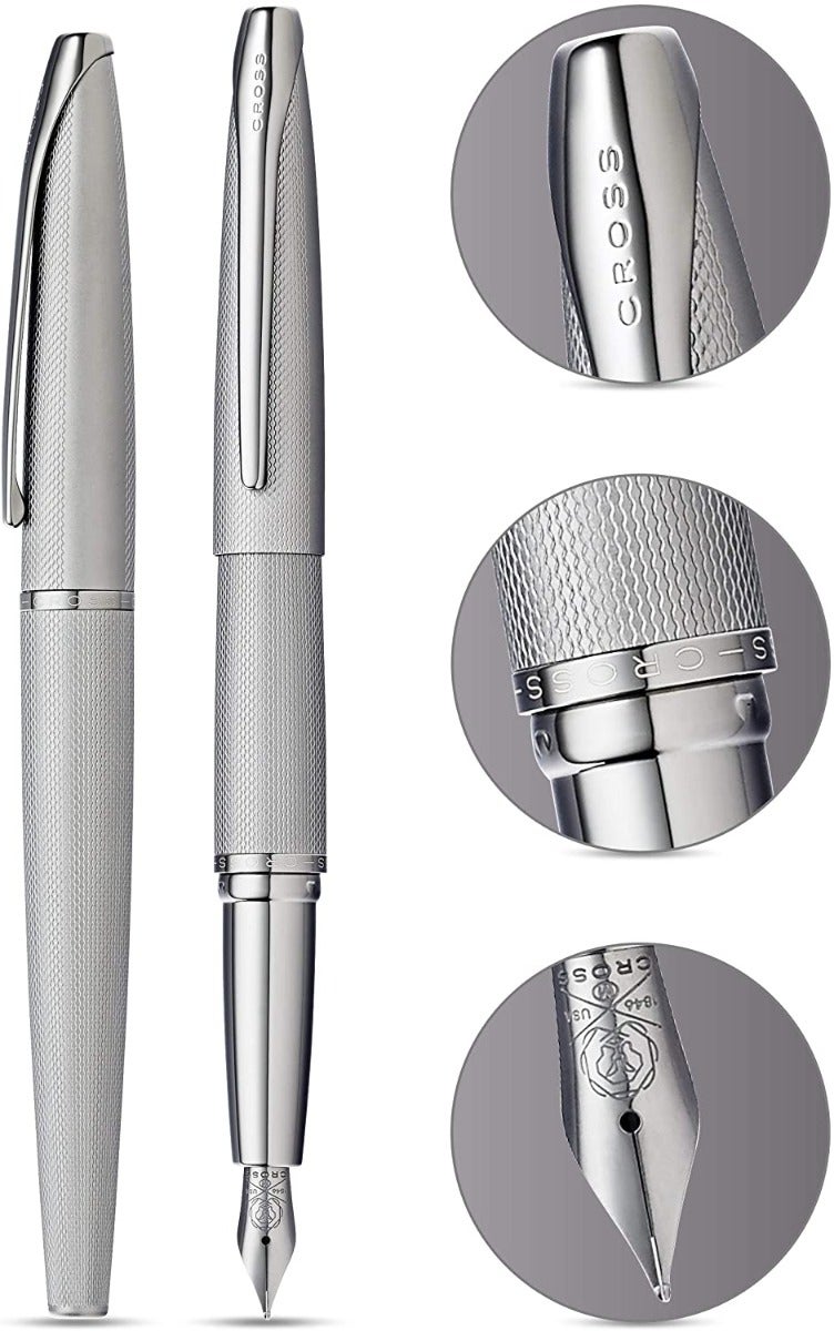 Gray fountain pen with textured barrel, metal nib, and cap clip detail
