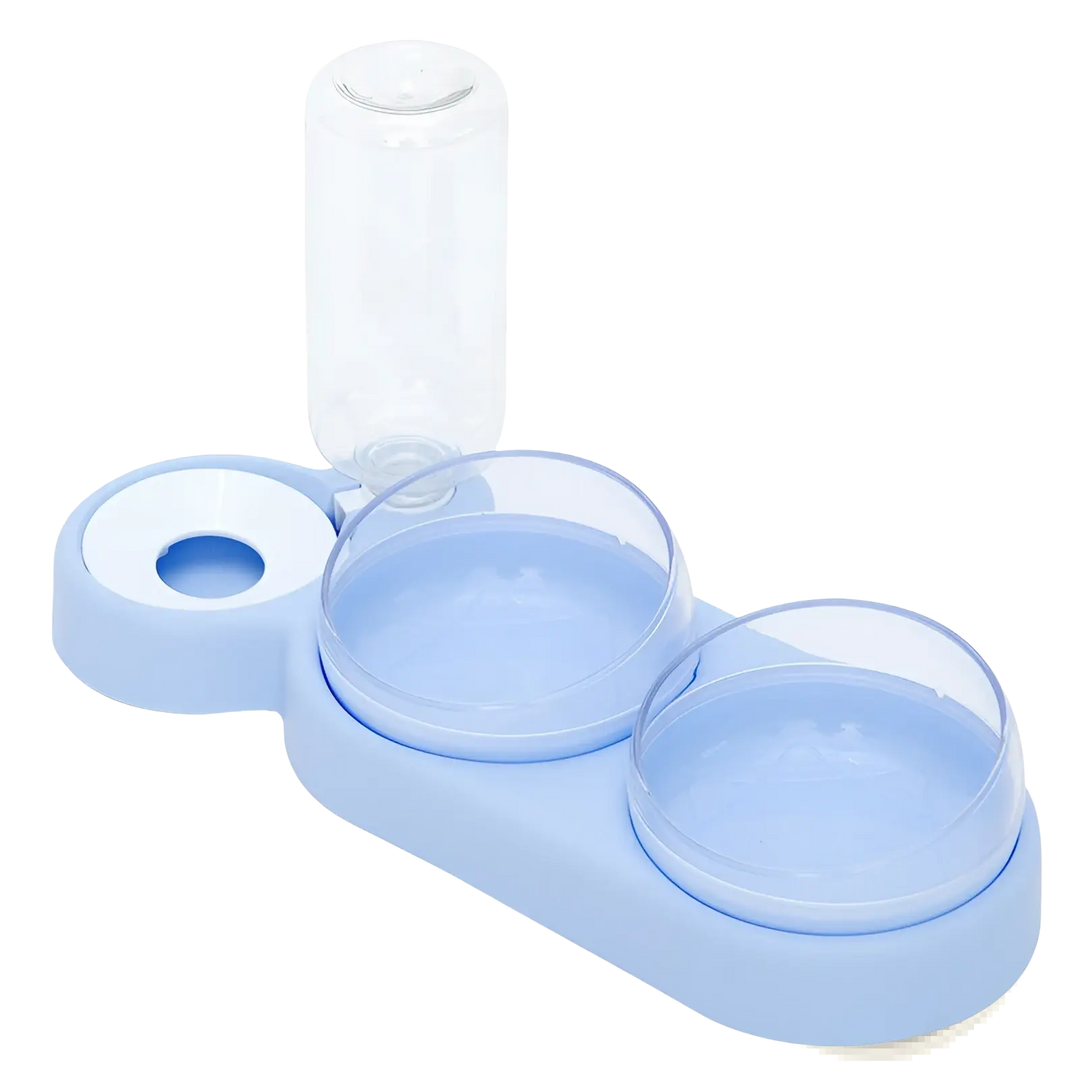 Automatic pet feeder and water fountain with double bowls, blue base and clear reservoir