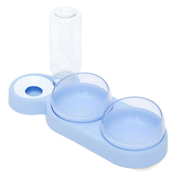 Automatic pet feeder and water fountain with double bowls, blue base and clear reservoir