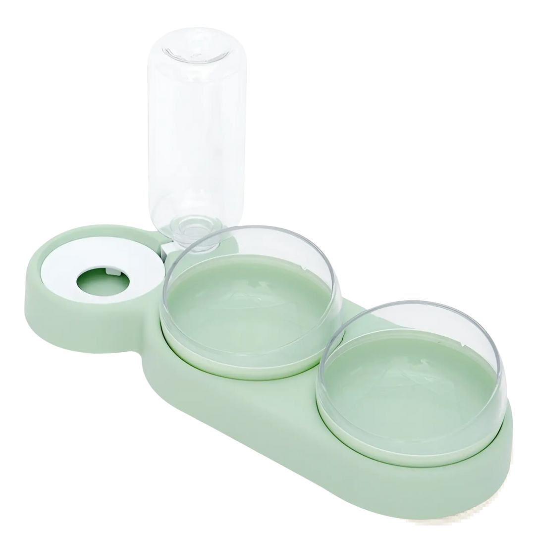 Automatic pet feeder and water fountain with double bowls, light green base and clear reservoir