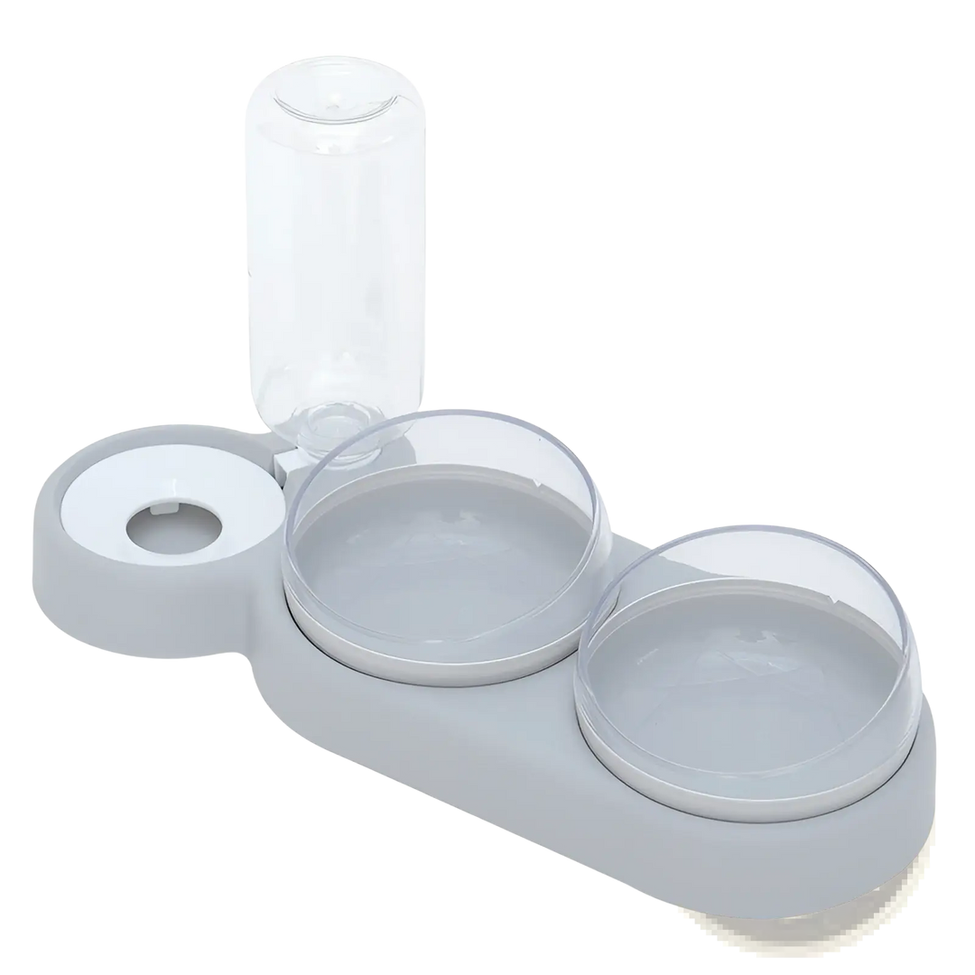 Automatic pet feeder and water fountain with double bowls, white base and clear reservoir