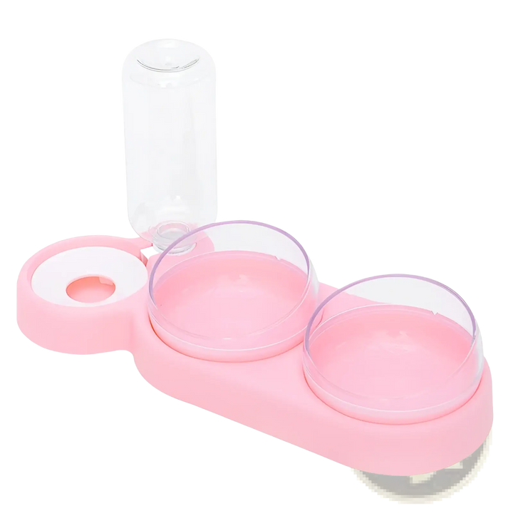 Automatic pet feeder and water fountain with double bowls, pink base and clear reservoir