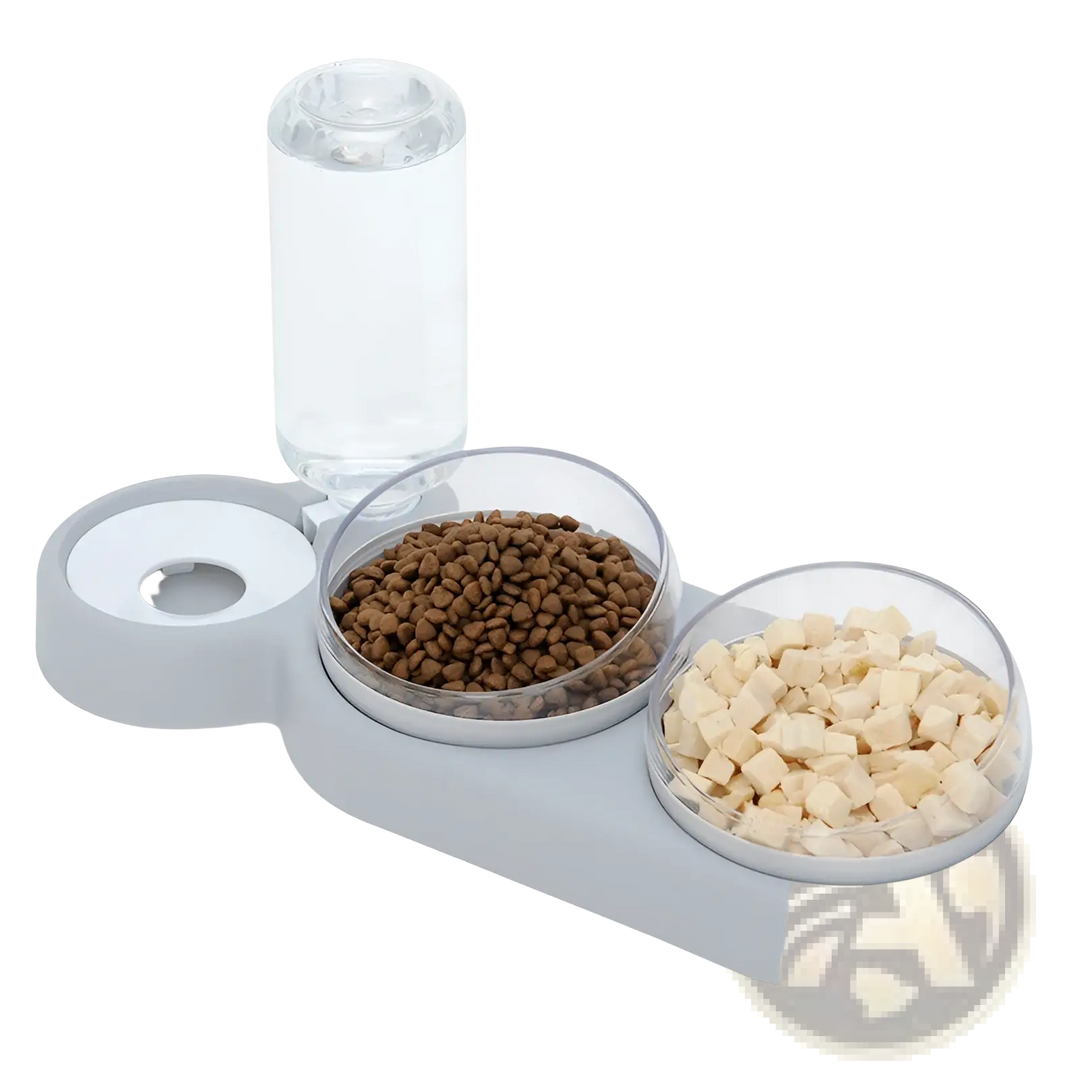 Automatic pet feeder and water fountain with double bowls, grey base with kibble and food pieces