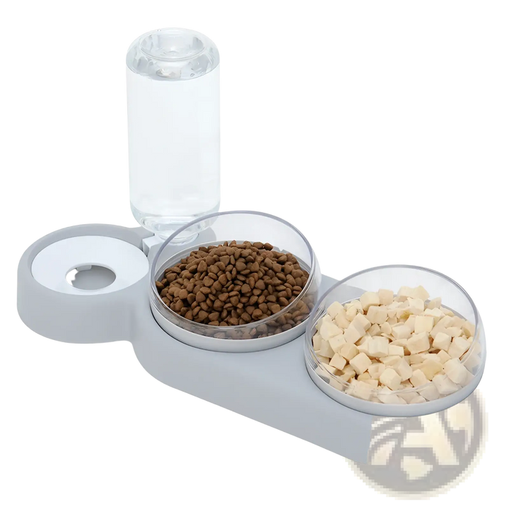 Automatic pet feeder and water fountain with double bowls, grey base with kibble and food pieces