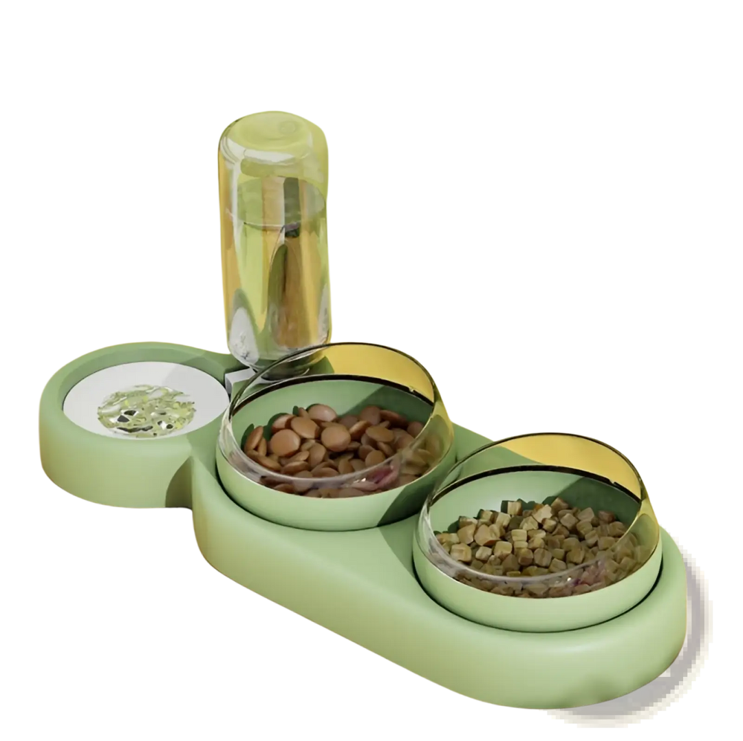 Automatic pet feeder and water fountain with double bowls, mint green base and clear reservoir