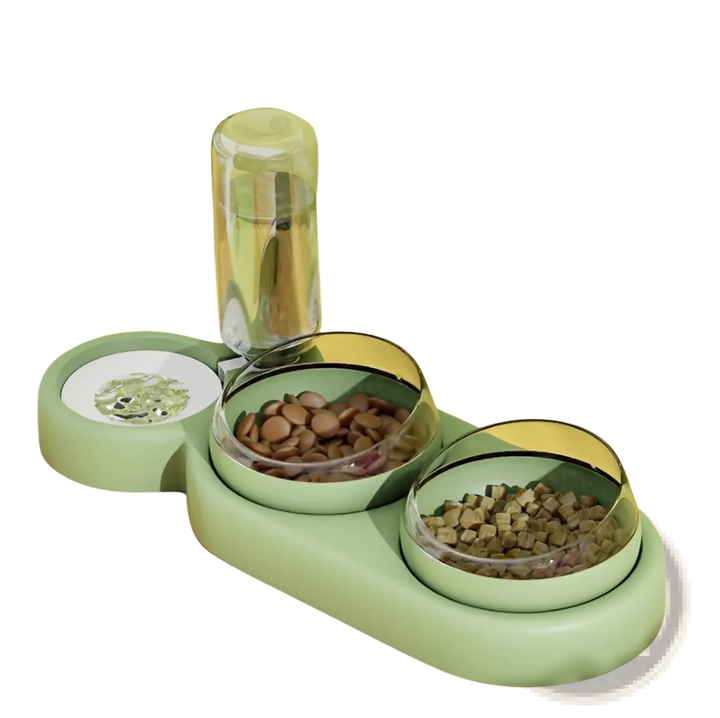 Automatic pet feeder and water fountain with double bowls, mint green base and clear reservoir