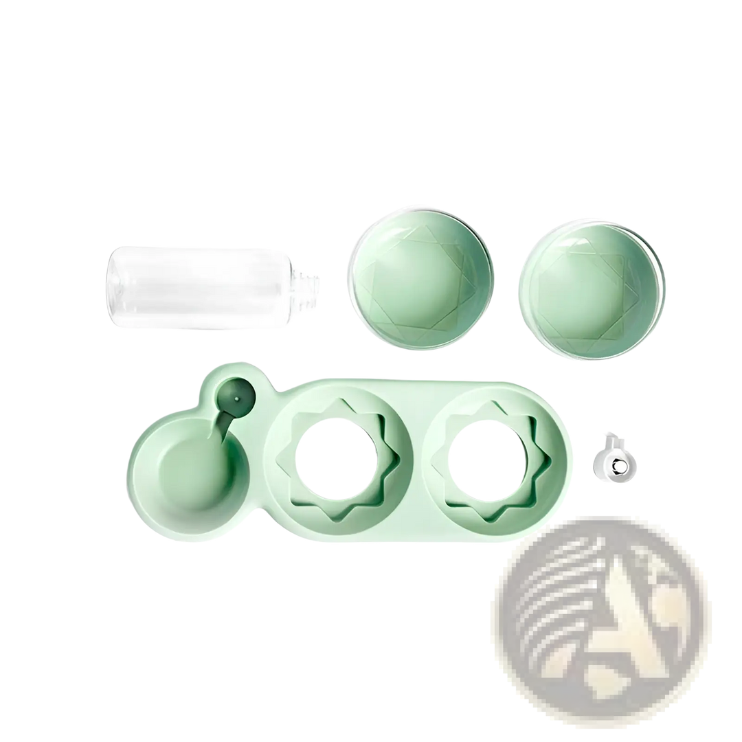 Automatic pet feeder and water fountain with double bowls, mint green base and clear parts
