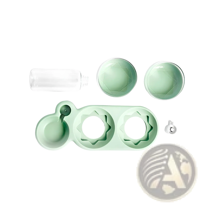 Automatic pet feeder and water fountain with double bowls, mint green base and clear parts