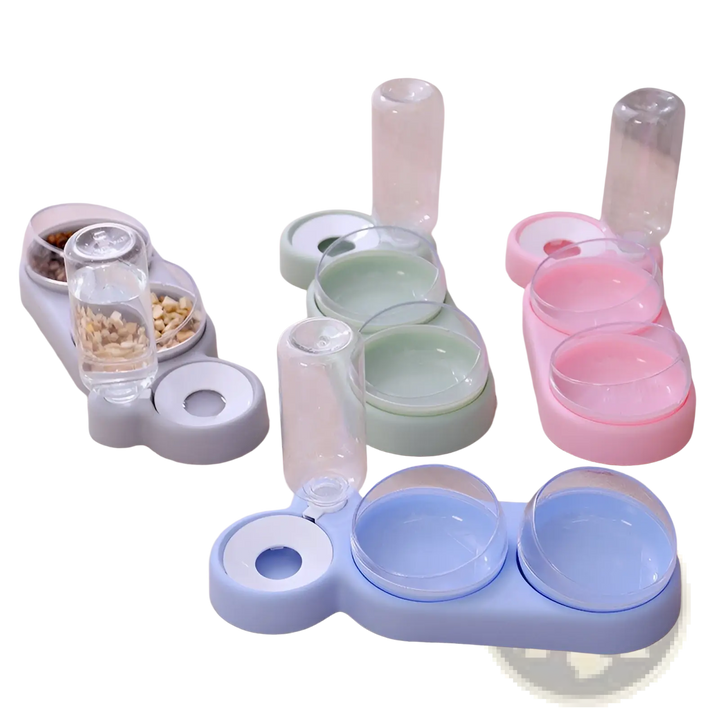 Automatic pet feeder and water fountain with double bowls, mixed color options shown