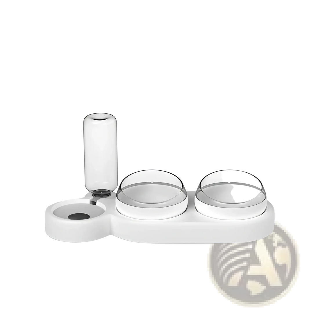 Automatic pet feeder and water fountain with double bowls, white base and clear reservoir