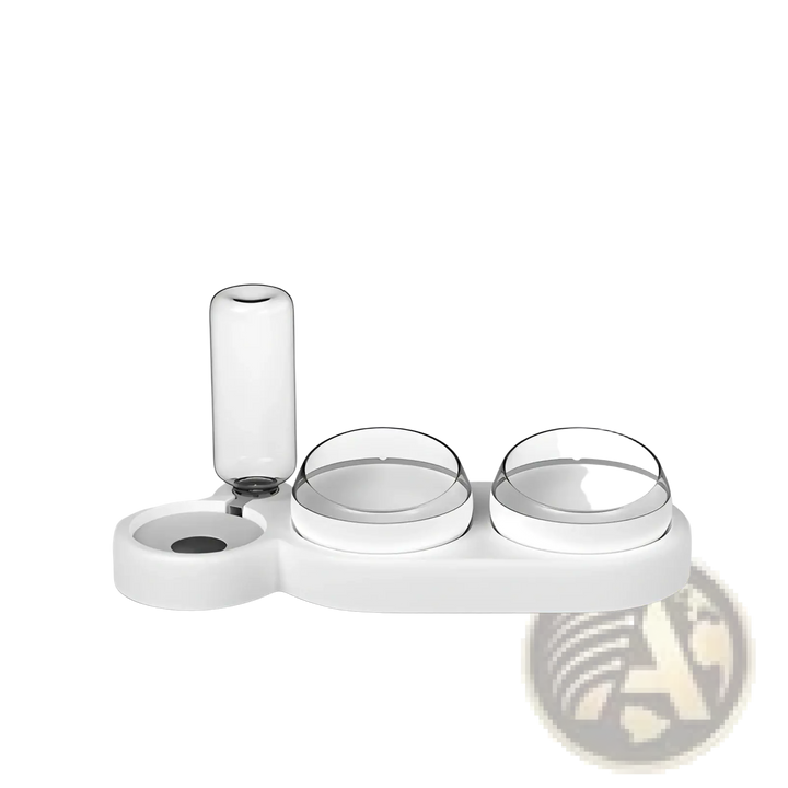 Automatic pet feeder and water fountain with double bowls, white base and clear reservoir