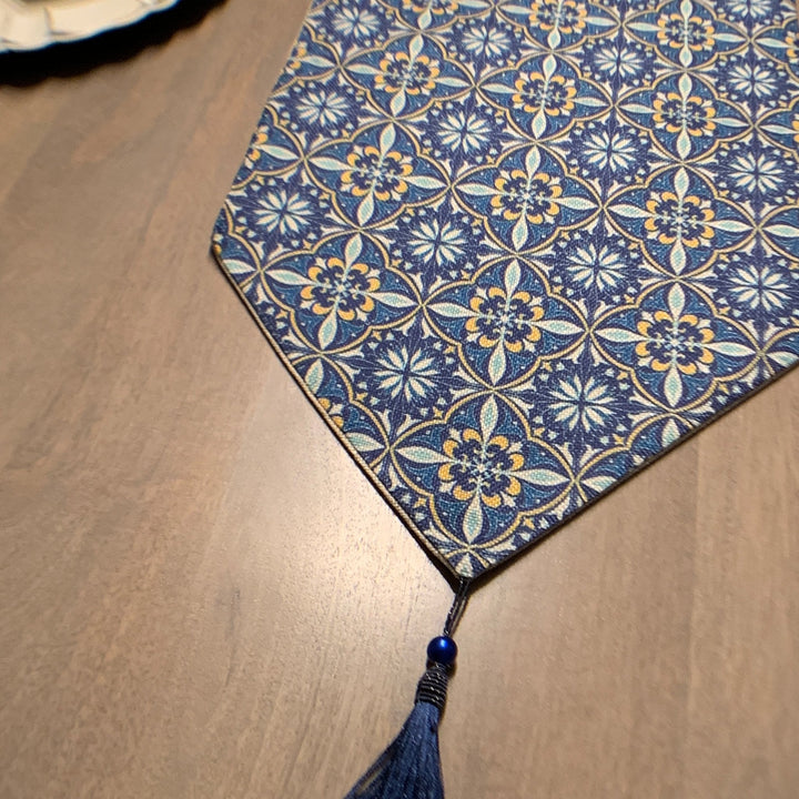 Ottoman‑Inspired Blue & Gold Linen Runner