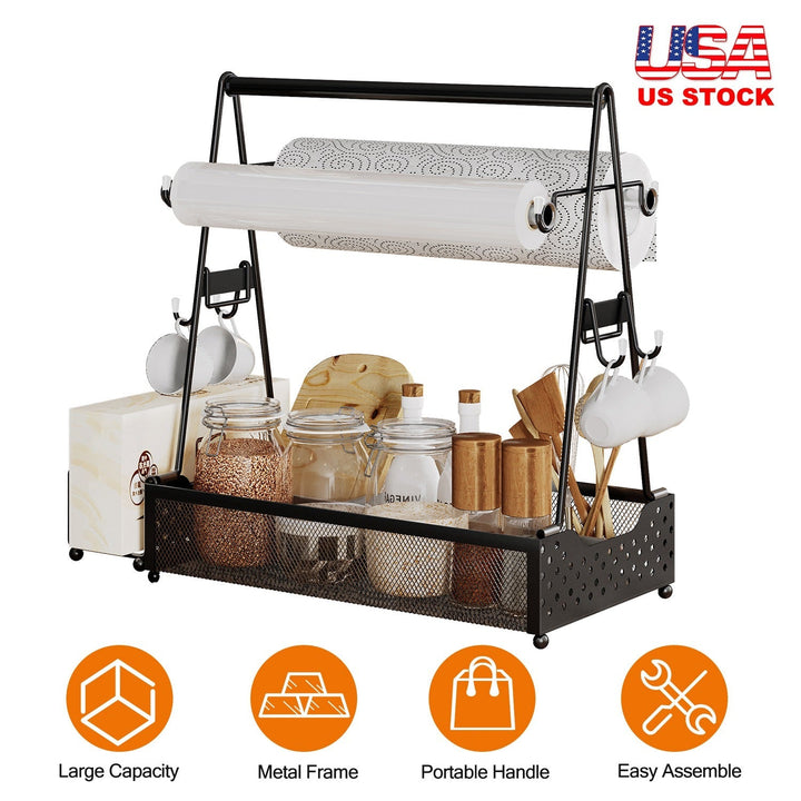 Metal grill utensil caddy with paper towel roll holder, black frame, mesh front basket