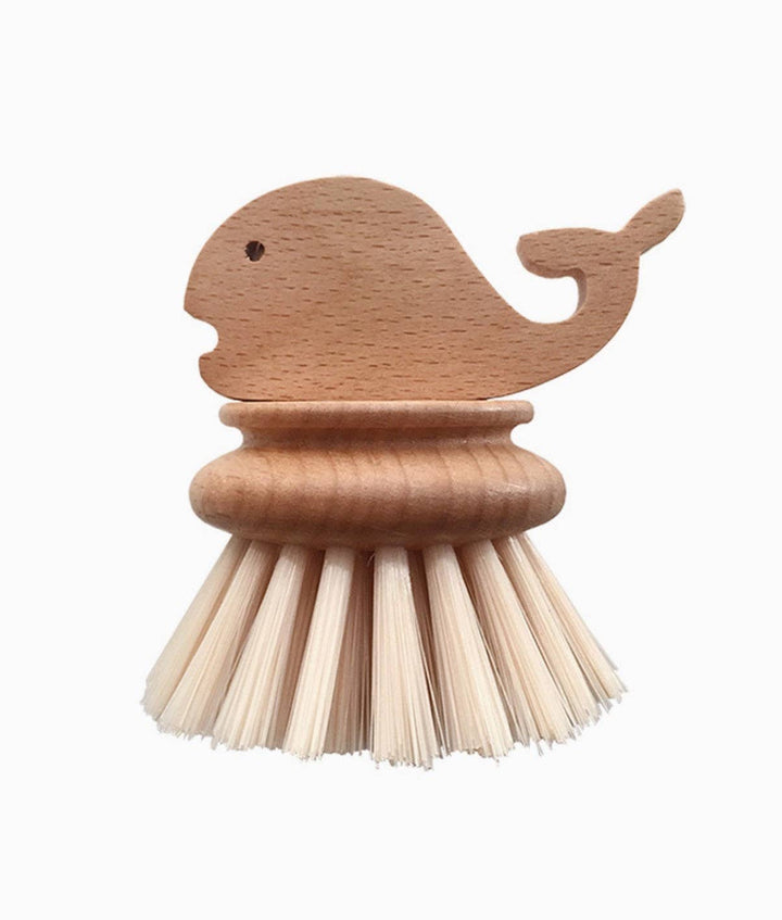 Bird-shaped wooden cleaning brush with tail detail and white bristle tips