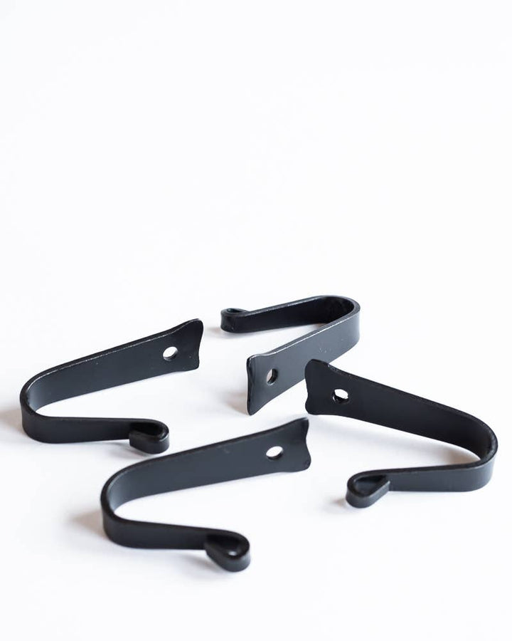 Black iron coat hooks set of four, curved hook with mounting hole
