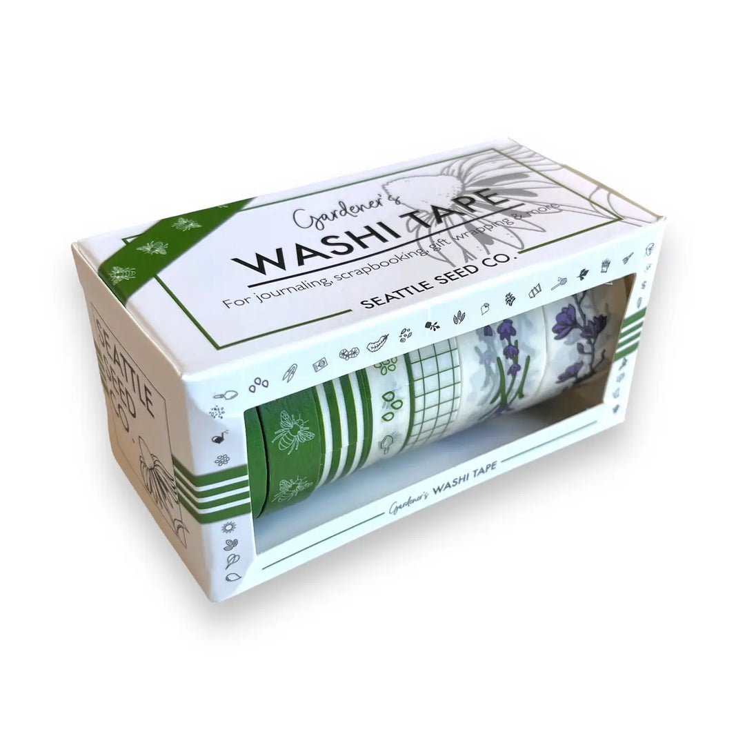 Garden-themed washi tape set box with green striped and leafy designs