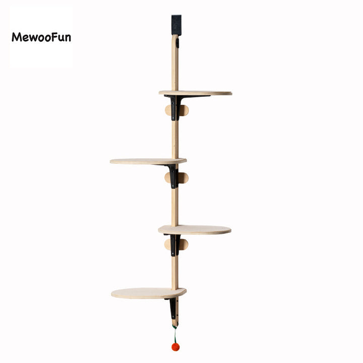 Door-hanging cat climbing frame with pine platforms and dangling toy pom